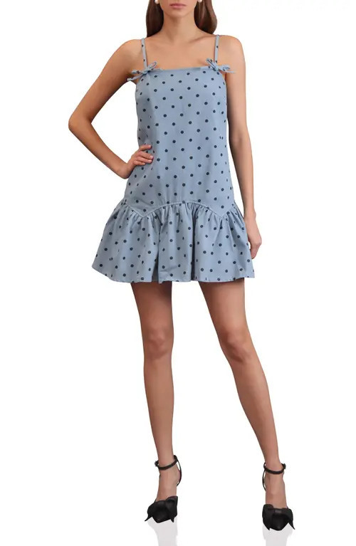 Avec Les Filles Drop Waist Denim Minidress in Polka Dot at Nordstrom, Size Small | Nordstrom