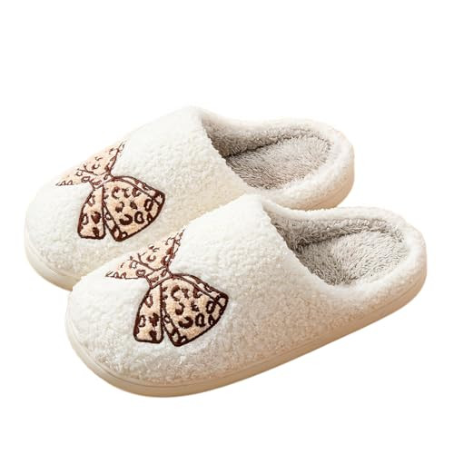 Fuzzy Cute Bow Slippers for Women Winter Warm Cozy House Slippers Plush Indoor Outdoor Shoes | Amazon (US)