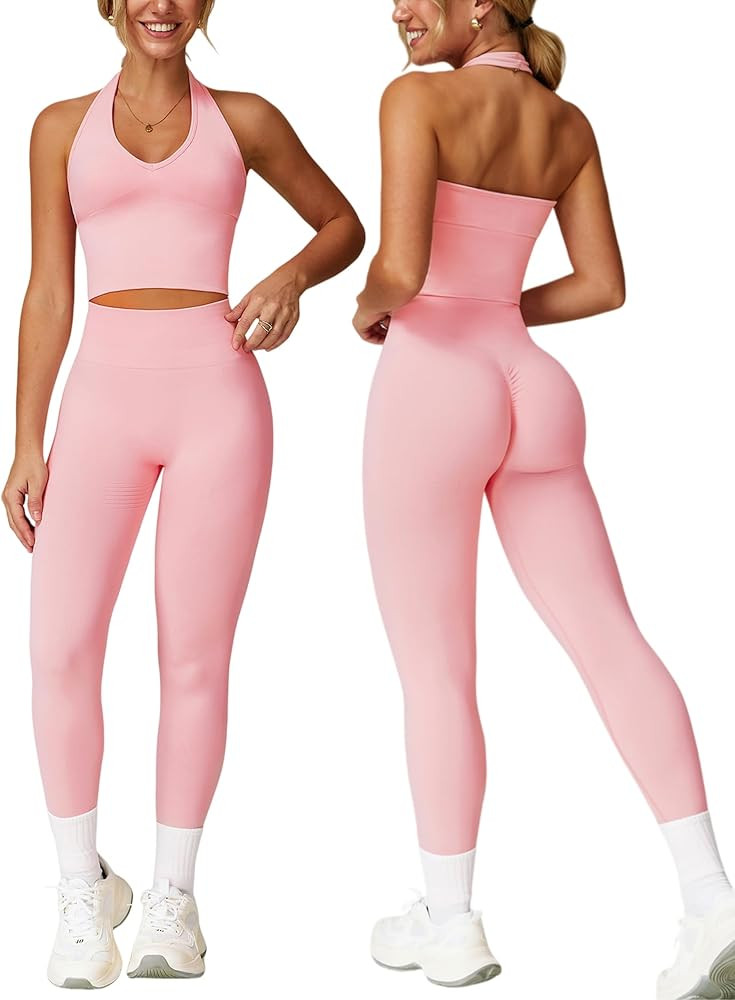 Workout Sets for Women 2 Piece Seamless Halter Tank Top Scrunch Butt Lifting High Waist Leggings ... | Amazon (US)