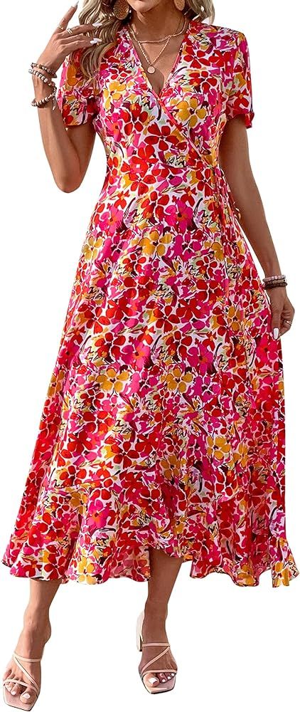 PRETTYGARDEN Womens Summer Wrap Maxi Dress Casual Boho Floral V Neck Short Sleeve Ruffle Hem Spli... | Amazon (US)
