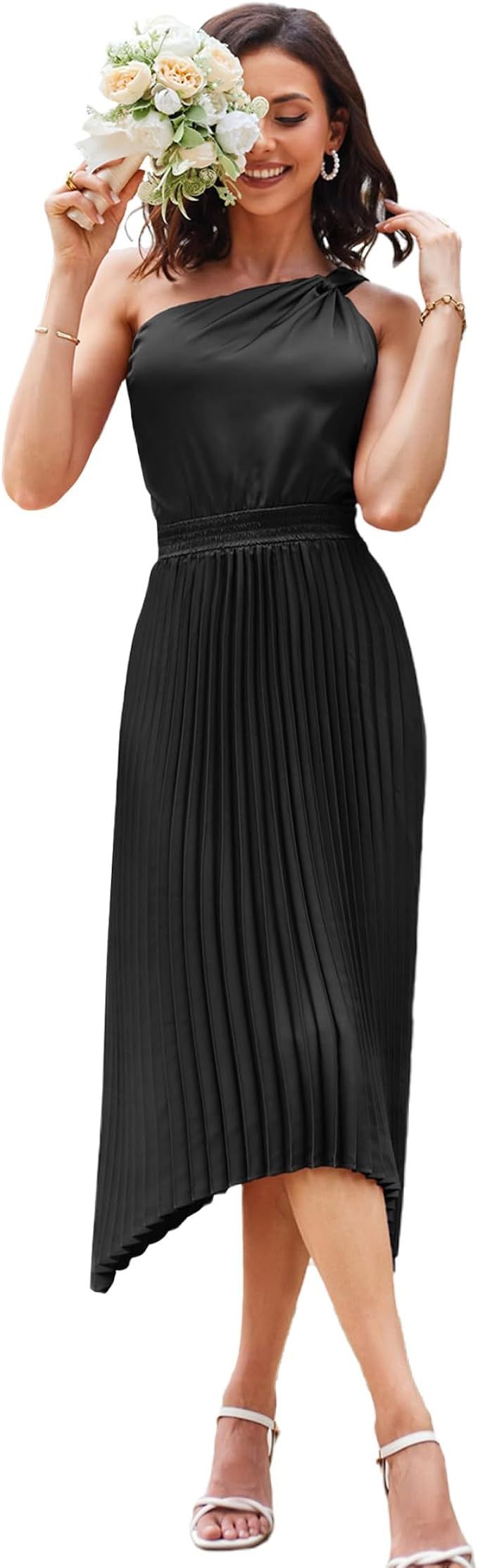 GRACE KARIN Women's 2023 Summer One Shoulder Satin Dress Sleeveless Twist Pleated Midi Dress Sexy... | Amazon (US)