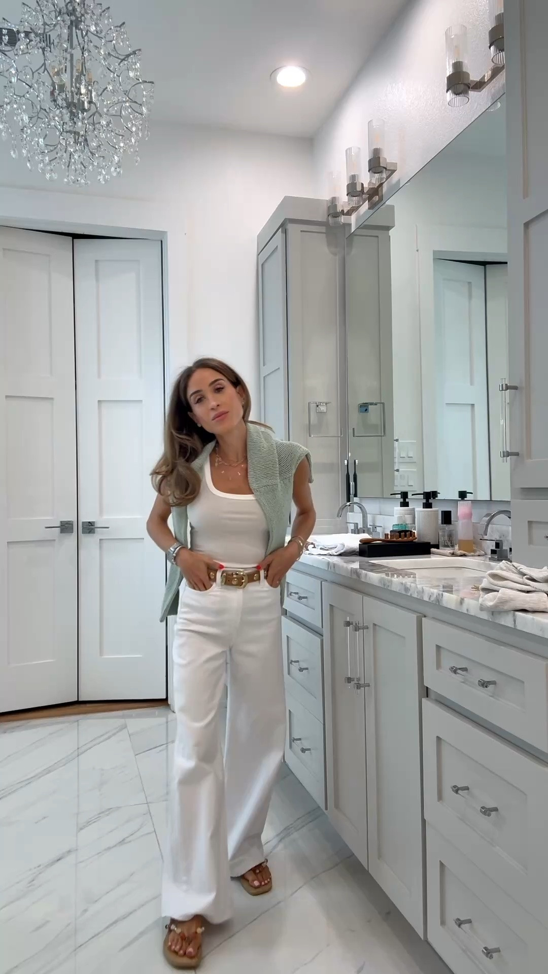 Summer outfit idea: white petite friendly jeans with white rank and mint green cardigan size xxs

#LTKPetite #LTKSaleAlert #LTKootd