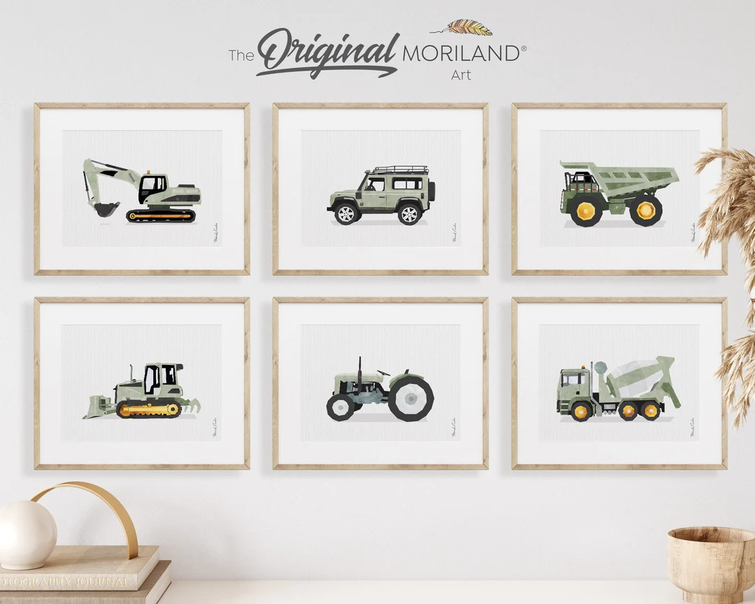 Sage Green Vehicle Art Prints - Printable Set of 6 - Boy Nursery Decor, Construction Birthday Par... | Etsy (US)