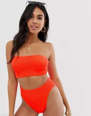 ASOS DESIGN mix and match crinkle bandeau bikini top in neon orange | ASOS US