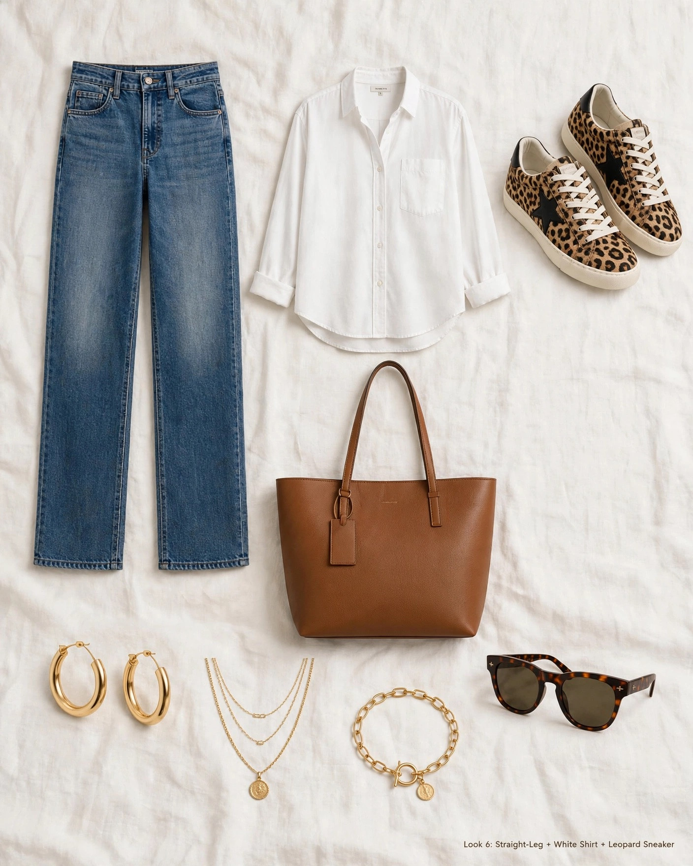 The hero everyday look - white oversized button down + straight leg jeans + leopard sneakers as a neutral. Tortoiseshell sunglasses + gold hoops.
@katespade @Madewell @michaelkors-us @Quince