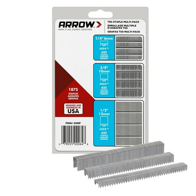 Arrow T50 Multi-Pack Heavy-Duty Staples, Sizes 1/4", 3/8", and 1/2", 1,875 Count, New, for Repair... | Walmart (US)