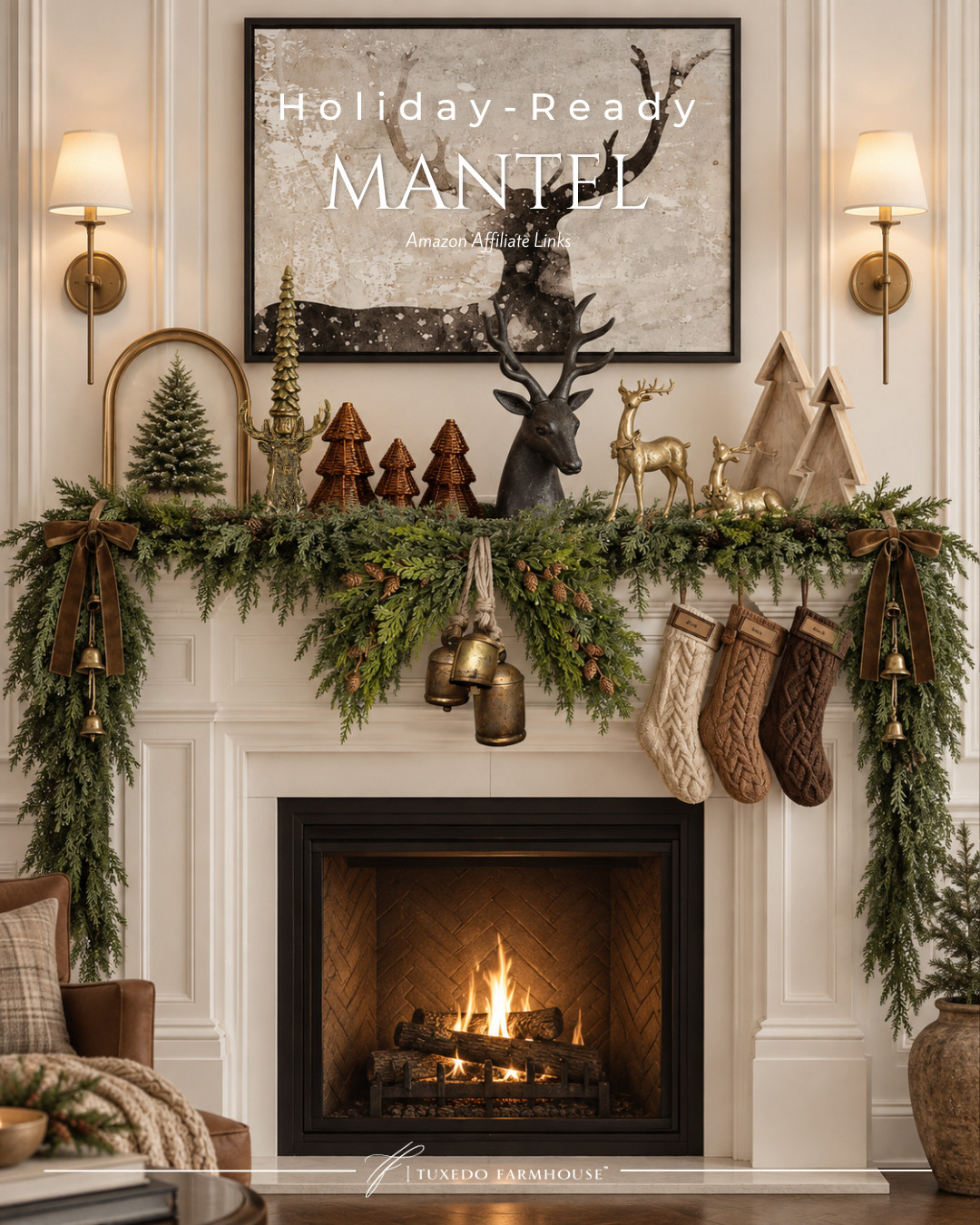Holiday mantel styling at its prettiest! 🎄 I love the layers of lush greenery, warm velvet bows, vintage-inspired bells, woodland deer and cozy knit stockings. The mix of brass, chocolate brown and natural wood gives everything such a collected, elegant Christmas feel. So many beautiful finds for creating a festive mantel you’ll love all season!

#LTKHome #LTKSeasonal #LTKStyleTip #ChristmasDecor #ChristmasMantel #HolidayDecor #AmazonHome #CozyChristmas 

 #LTKSeasonal #LTKHome #LTKSaleAlert