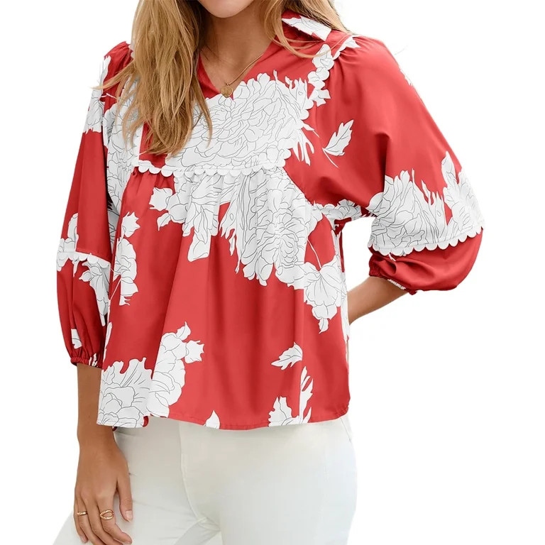 Floral Print Women Casual Loose Peplum V-neck Flowy Blouse Tops | Walmart (US)