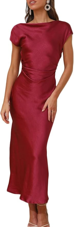 2025 Satin Cap Sleeve Cowl Back Summer Dresses for Women Elegant Ruched Waist Wedding Guest Midi ... | Amazon (US)