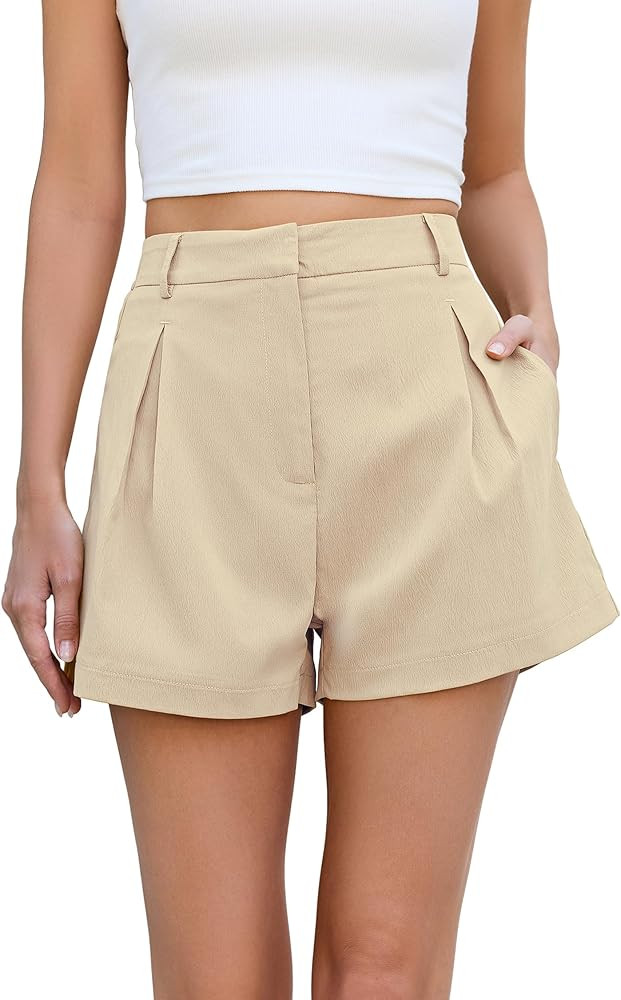 Allimy Womens Summer Box Pleats High Waisted Shorts Elastic Waist Lightweight Hidden Zip Shorts | Amazon (US)