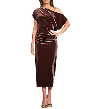 Gibson & Latimer Velvet Asymmetric Neck One Shoulder Off-The-Shoulder Short Sleeve Ruched Sheath ... | Dillard's