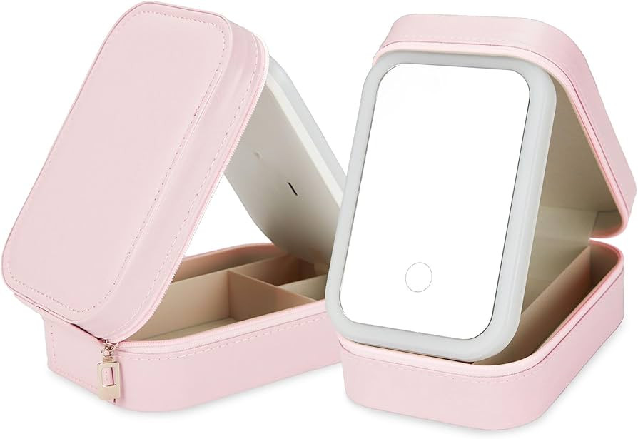 Portable Travel Makeup Mirror with LED Light,Compact Makeup Bag with Dividers,3-Color Lighting Ma... | Amazon (US)