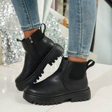 Women's Ankle Boots With Elastic And Side Zipper, Black Platform Boots Motorcycle Boots Hoodies Fashion Boots | SHEIN