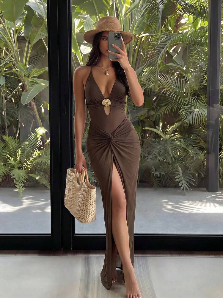 Swim Oasis Women's Oasis One-Piece Swimsuit Set, Deep Brown V-Neck Design, Handmade Rope Waistline, Summer Evening One-Piece Swimsuit Set With Crossed Slit Maxi Skirt | SHEIN