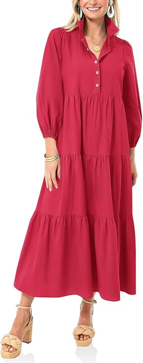 Wenrine Womens Casual 3/4 Sleeve Shirt Dress Button Down V Neck Tiered Collared Flowy Maxi Dress | Amazon (US)