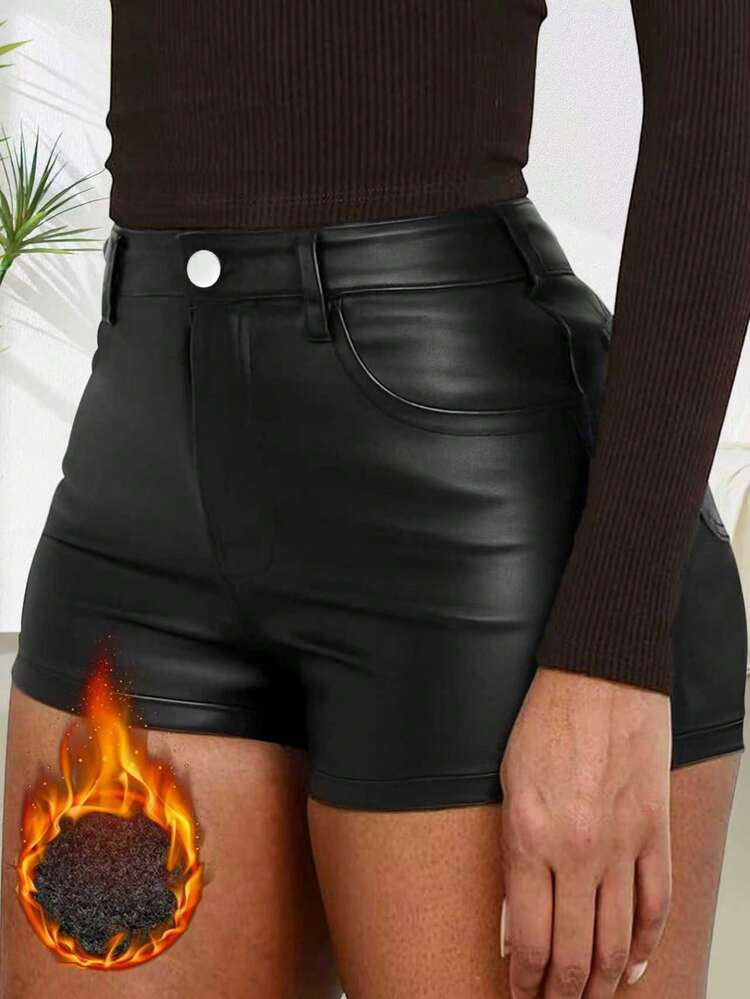 Women's Solid Color Metallic PU Leather Pocket Sexy Shorts | SHEIN