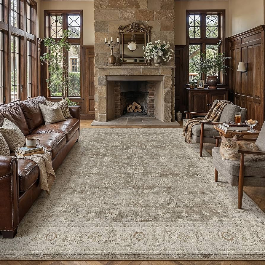 PureCozy 8x10 Washable Living Room Area Rug Brown Gray Vintage Low Pile Carpet Non Slip Soft Dist... | Amazon (US)