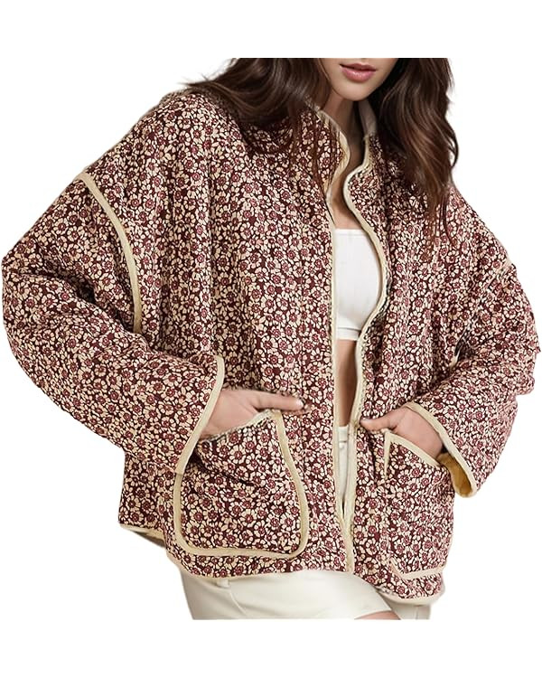 Yimoon Women's Cropped Puffer Quilted Jacket Vintage Floral Print Open Front Lightweight Short Ja... | Amazon (US)