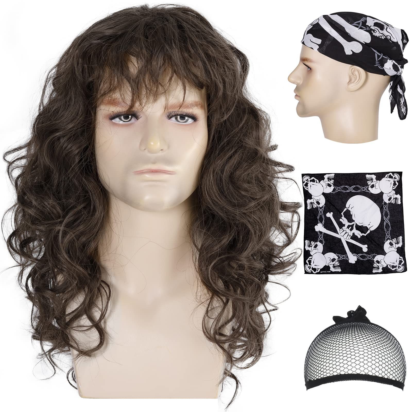 Eddie Wig with Bandana 80s Mens Mullet Brown Curly Hair Wig Glam Metal Punk Rock Rocker Wig Perfect  | Amazon (US)