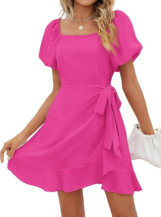 Sampeel Womens Summer Dresses Square Neck Puff Sleeve Tie Waist Short Dress | Amazon (US)