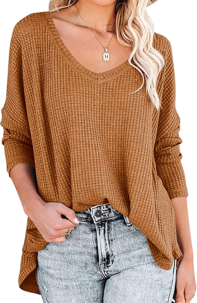 ANRABESS Women's Causal Off Shoulder Waffle Knit Shirt V-Neck Batwing Sleeve Pullover Curved Hem Tun | Amazon (US)