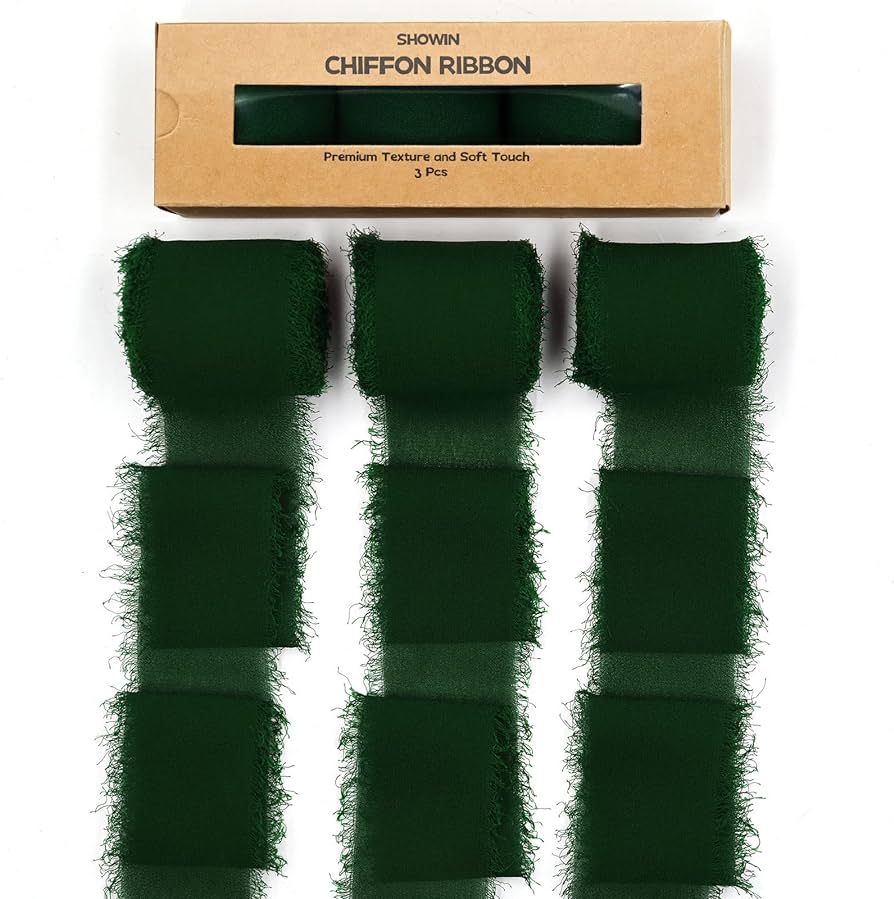 3 Rolls Dark Green Handmade Fringe Chiffon Ribbon 1.5" x 7Yd Silk-Like Ribbon Colorful Rustic Ribbon | Amazon (US)