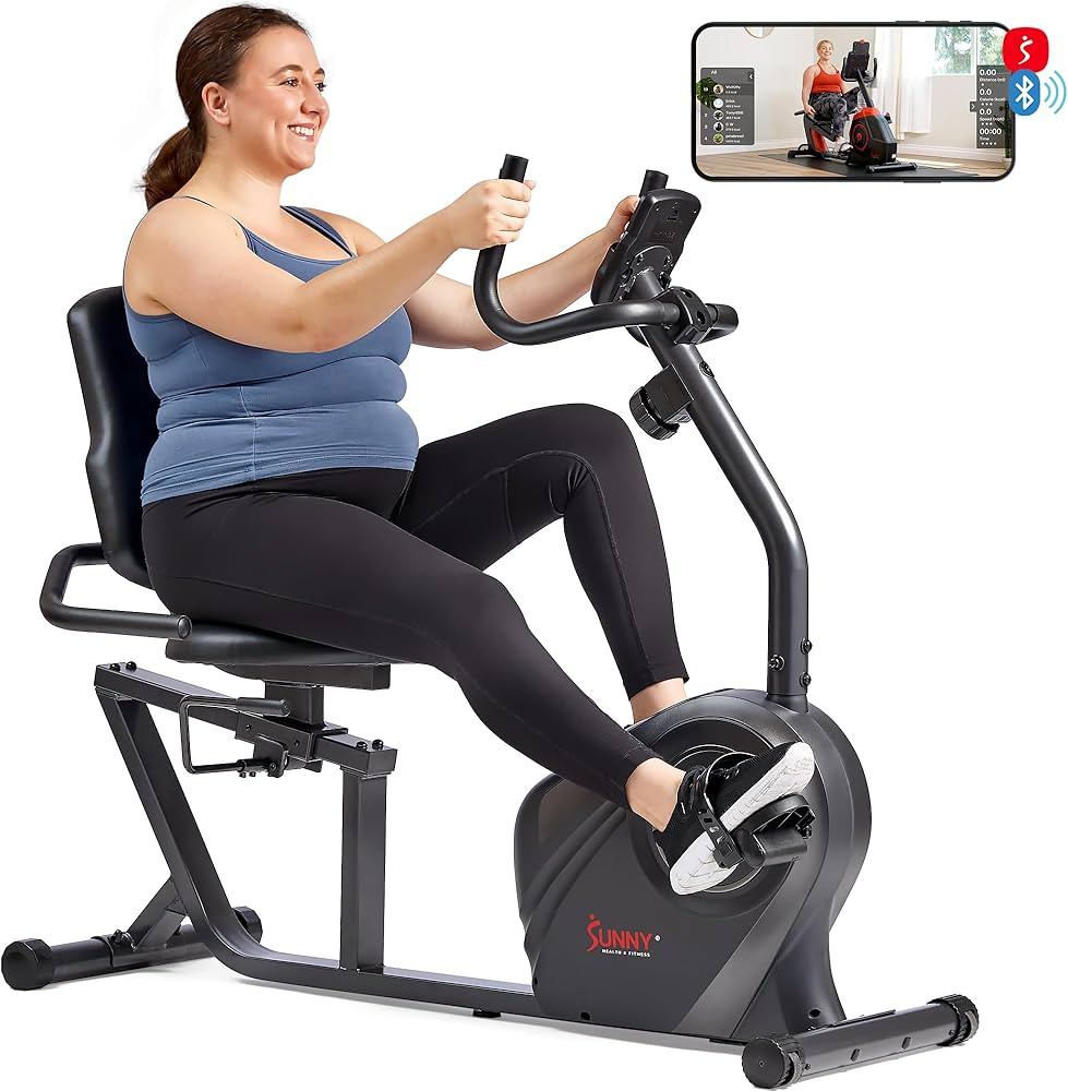 Sunny Health & Fitness Smart Heavy-Duty Recumbent Bike w/Wide Cushioned Seat & Back, Indoor Cycli... | Amazon (US)