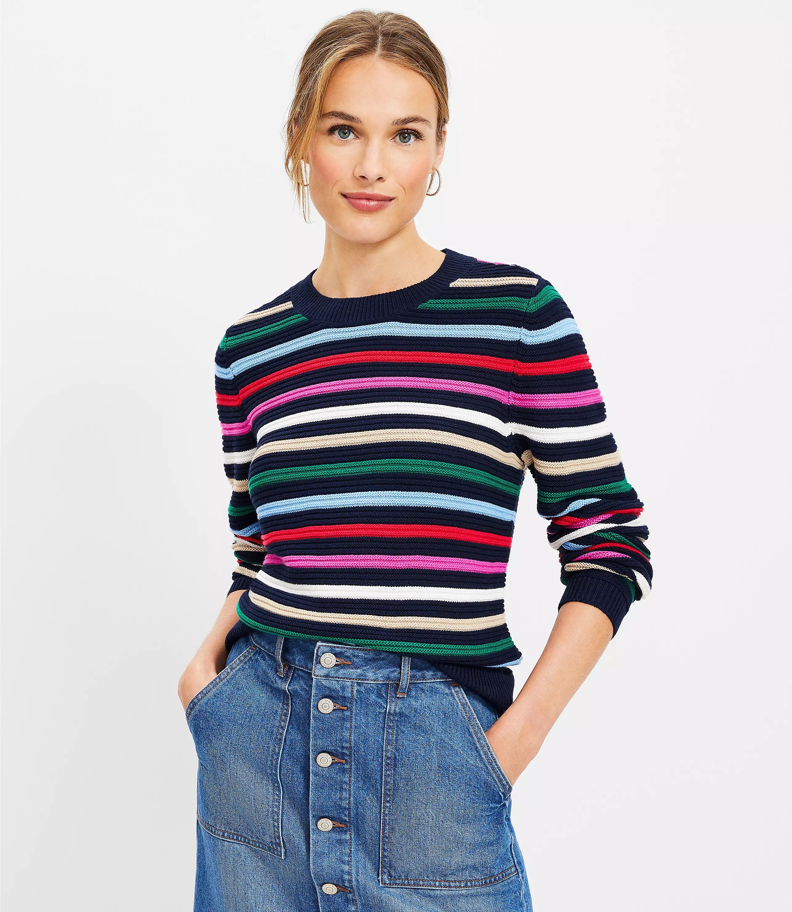 Petite Stripe Textured Stitch Sweater | LOFT