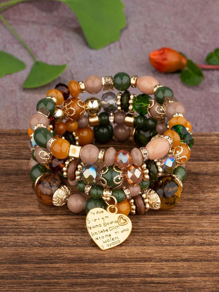 4 pièces/set Bracelet perlé bohémien à lettres à breloque cœur pour femme pour décoration ... | SHEIN