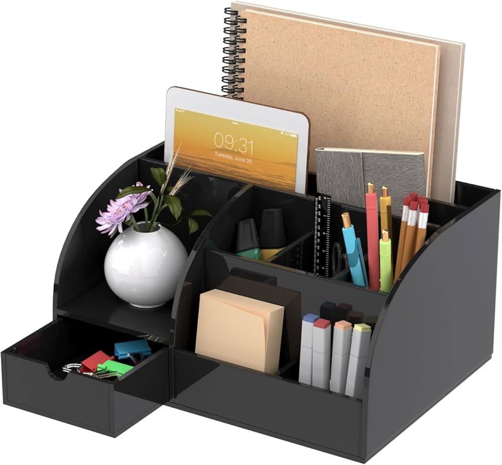 FEMELI Office Desk Organizer, Acrylic Desk Organizer with 8 Compartments +1 Drawer(Black) | Amazon (US)