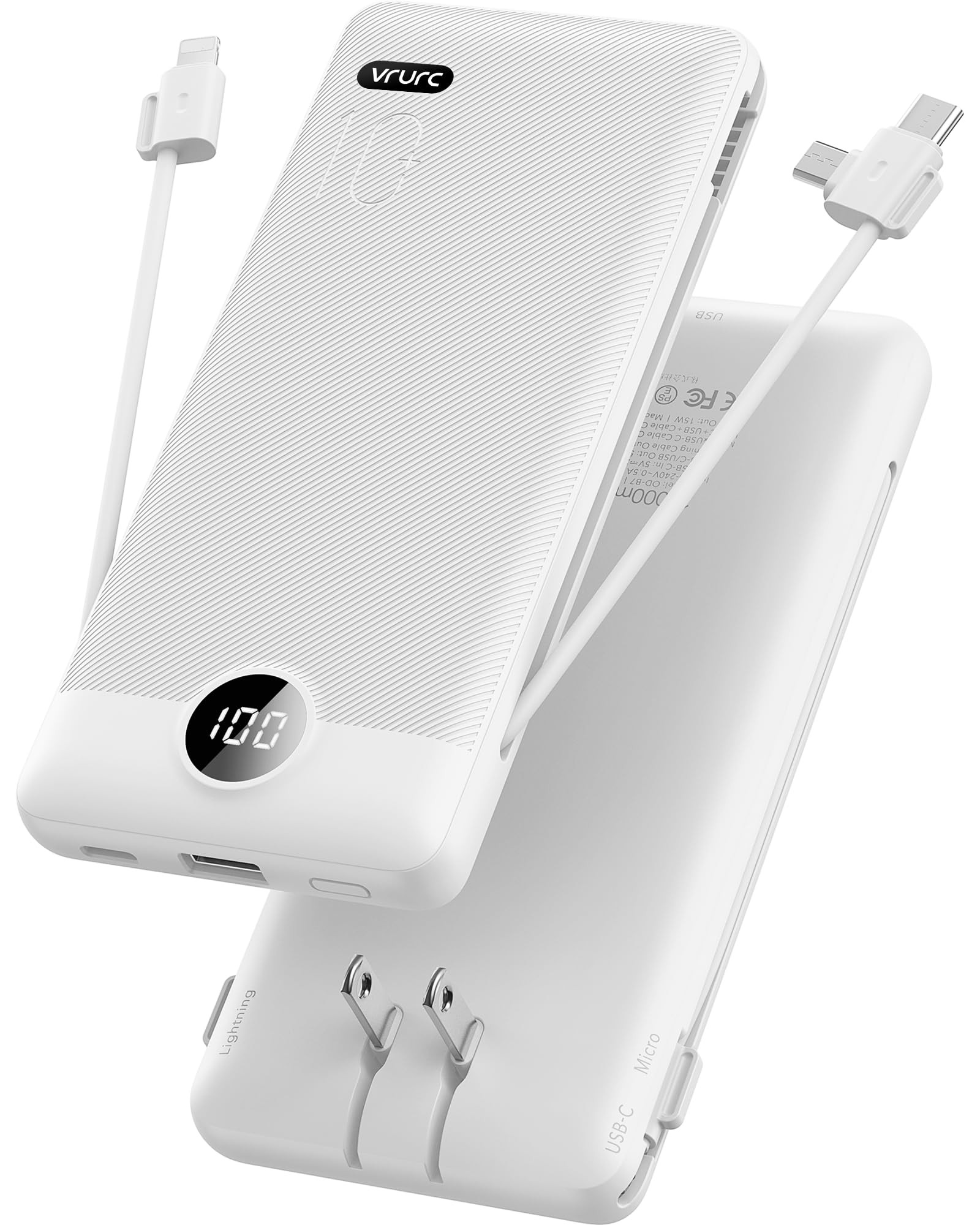 VRURC Portable Charger Built-in Cables and AC Wall Plug, USB C Power Bank 10000mAh, Travel Essent... | Amazon (US)