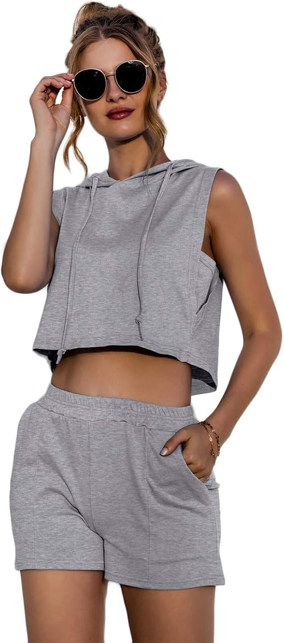 Womens Two Piece Summer Workout Outfits Short Lounge Wear Short Sleeve T Shirts Crop Tops Shorts ... | Amazon (US)