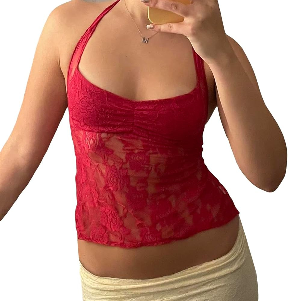 Women Lace Crop Tank Tops Lace See Through Backless Tie-Up Halter Going Out Tops Sleeveless Cami ... | Amazon (US)