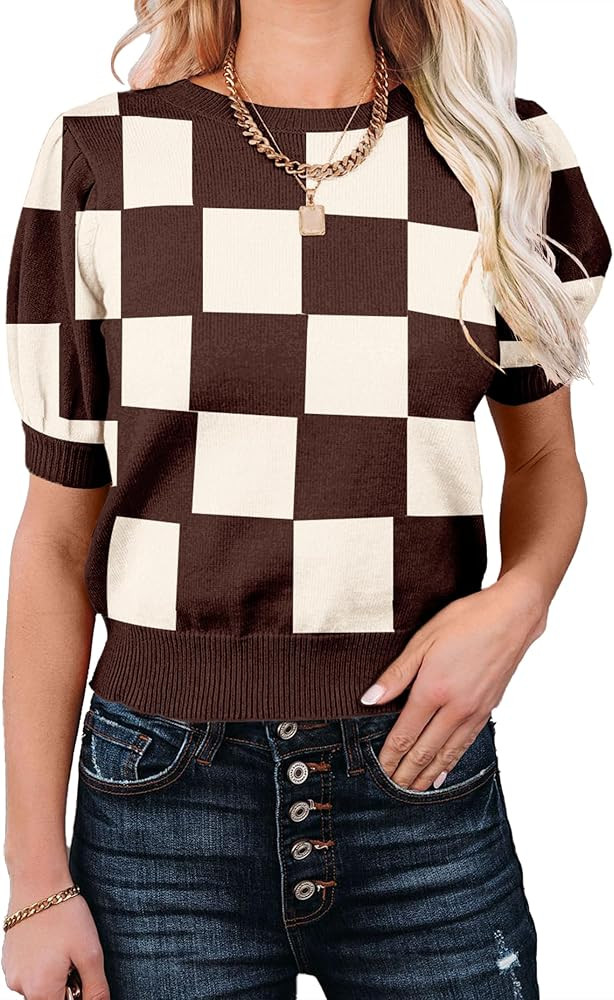 Womens Puff Short Sleeve Sweater Tops Crewneck Basic Knit Pullover Lightweight Solid Casual Sweat... | Amazon (US)