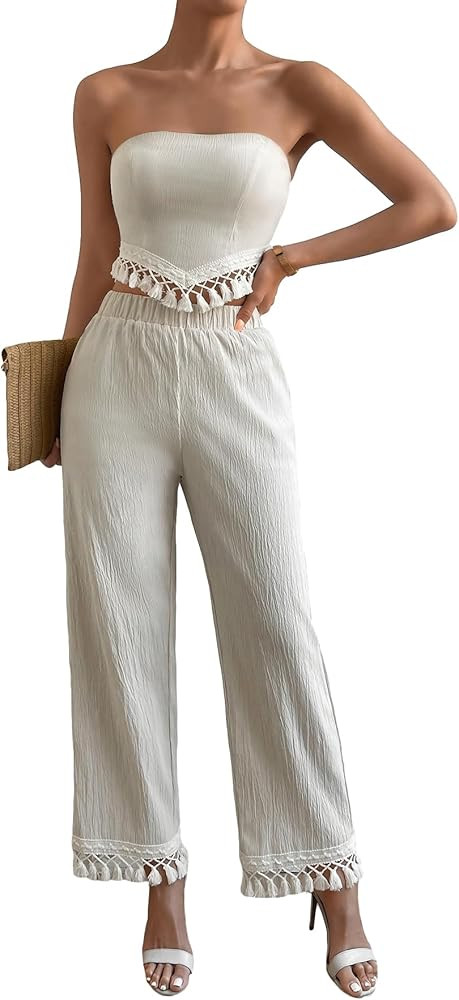 OYOANGLE Women's 2 Piece Boho Fringe Hem Tassel Trim Crop Tube Top and Elastic Waist Pants Set Ju... | Amazon (US)