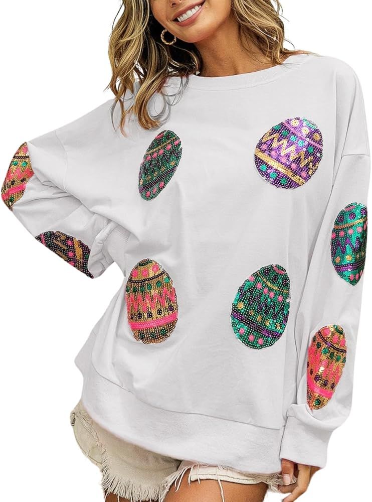Joiemont Womens Sequin Easter Eggs Patches Sweatshirt Oversized Pullover Crewneck Long Sleeve Top... | Amazon (US)