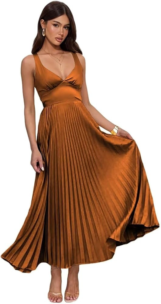Pleated Satin Bridesmaid Dress for Women V-Neck Backless Maxi Evening Dresses KN055 | Amazon (US)