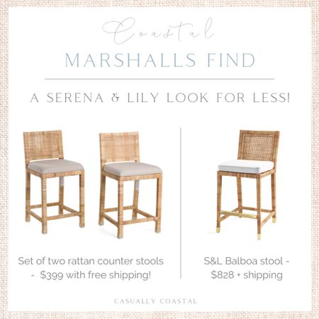 Run!! These Serena & Lily Balboa counter stool dupes with the brass-capped legs just popped uo online at Marshalls but they will sell fast! Just $400 for a set of two, with free shipping (use code SHIP89)!
- 
Beach home decor, beach house furniture, summer home decorations, coastal decor, beach house decor, beach decor, beach style, coastal home, coastal home decor, coastal decorating, coastal house decor, Balboa stool dupe, Balboa counter stool dupe, Balboa look for less, designer inspired, Serena & Lily look for less, Serena & Lily dupe, coastal kitchen, coastal stools, rattan stools, rattan counter stools, woven counter stools, counter stools under $200, counter stools under $250, counter stools under $200, Balboa dupe, kitchen stools, marshalls stools, marshalls finds, marshalls home decor

#LTKfamily #LTKhome #LTKstyletip