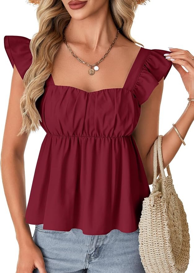 Women's Square Neck Ruffle Cap Sleeve Ruched Peplum Babydoll Blouse Tank Tops | Amazon (US)