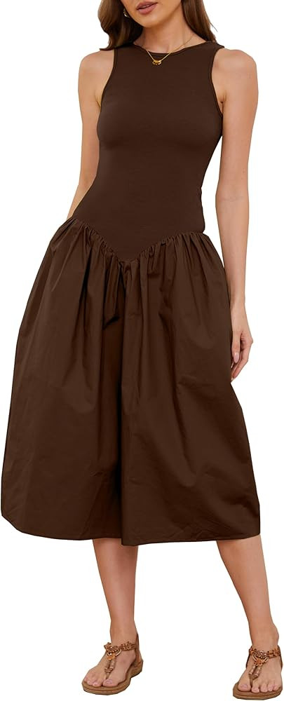 Women's Sleeveless Slim Fit Midi Dress Drop-Waist Crew Neck Patchwork Dress Ribbed a-Line Summer ... | Amazon (US)