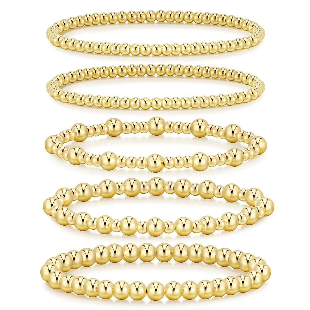 adoyi Gold Bracelets for Women Waterproof, 14K Gold Plated Beaded Strand Bead Ball Bracelets stac... | Amazon (US)