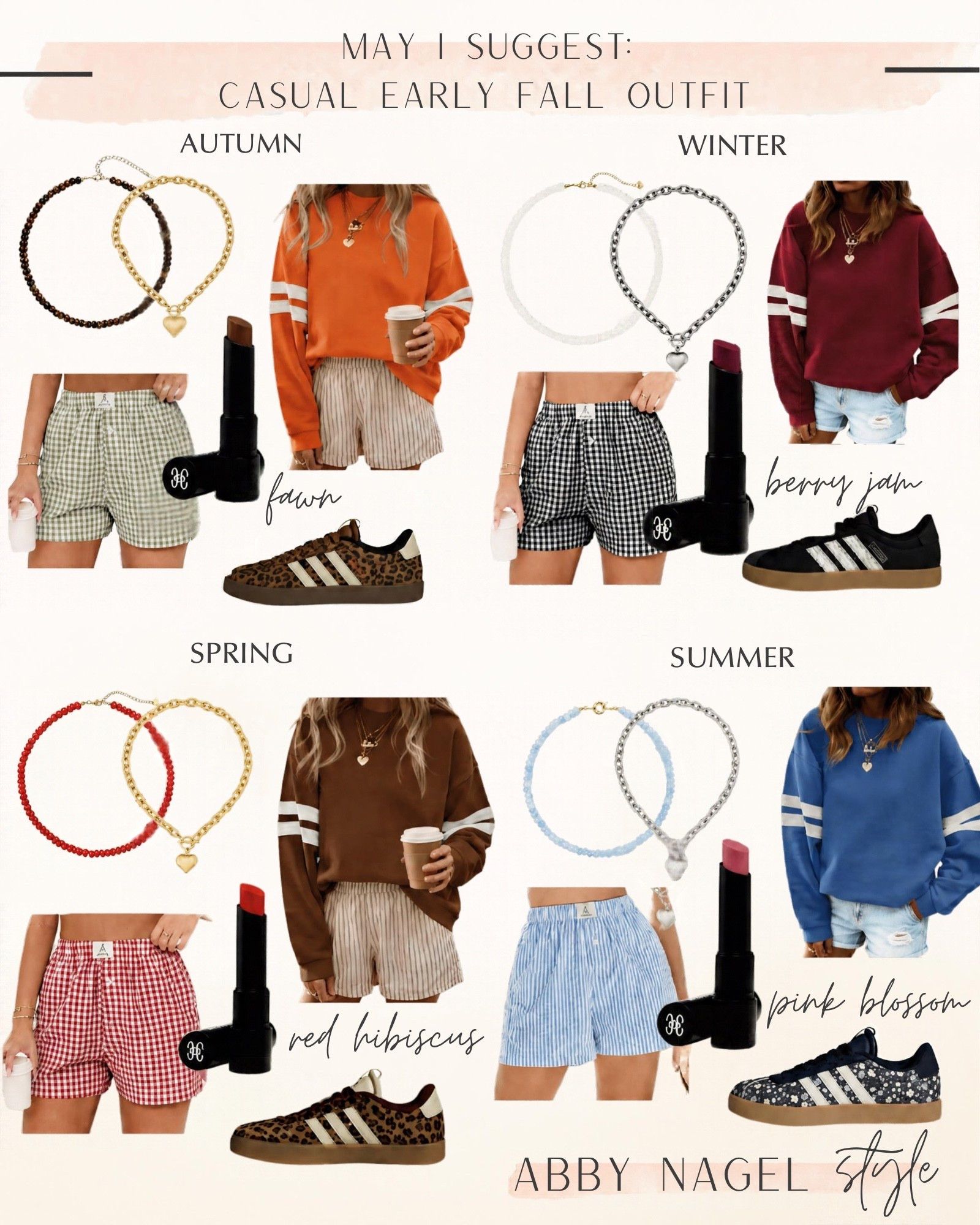 How cute are these looks from Amazon!  An easy casual look for early fall! 🍁☀️❄️🌷
Click on any of the sneakers to find the blue floral for Summers. ￼
Lip colors from www.houseofColour.com code NAGELABB
