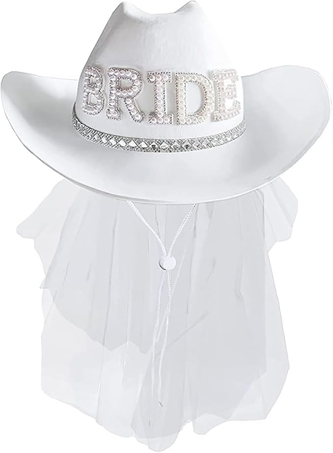 Malaxlx Bridal Cowboy Hat with Rhinestone Veil - Bride Cowgirl Hat for Wedding and Bachelorette P... | Amazon (CA)