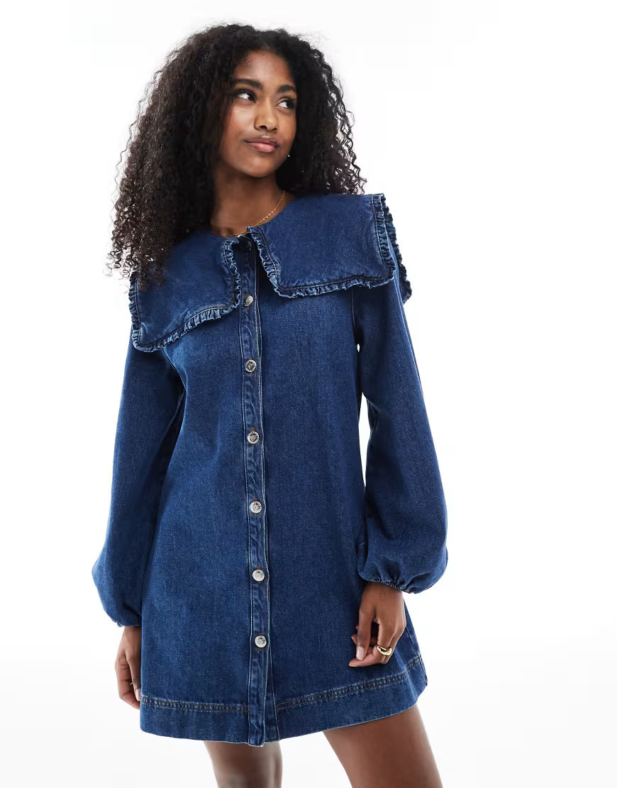 Miss Selfridge oversized collar long sleeve denim dress-Blue | ASOS (Global)
