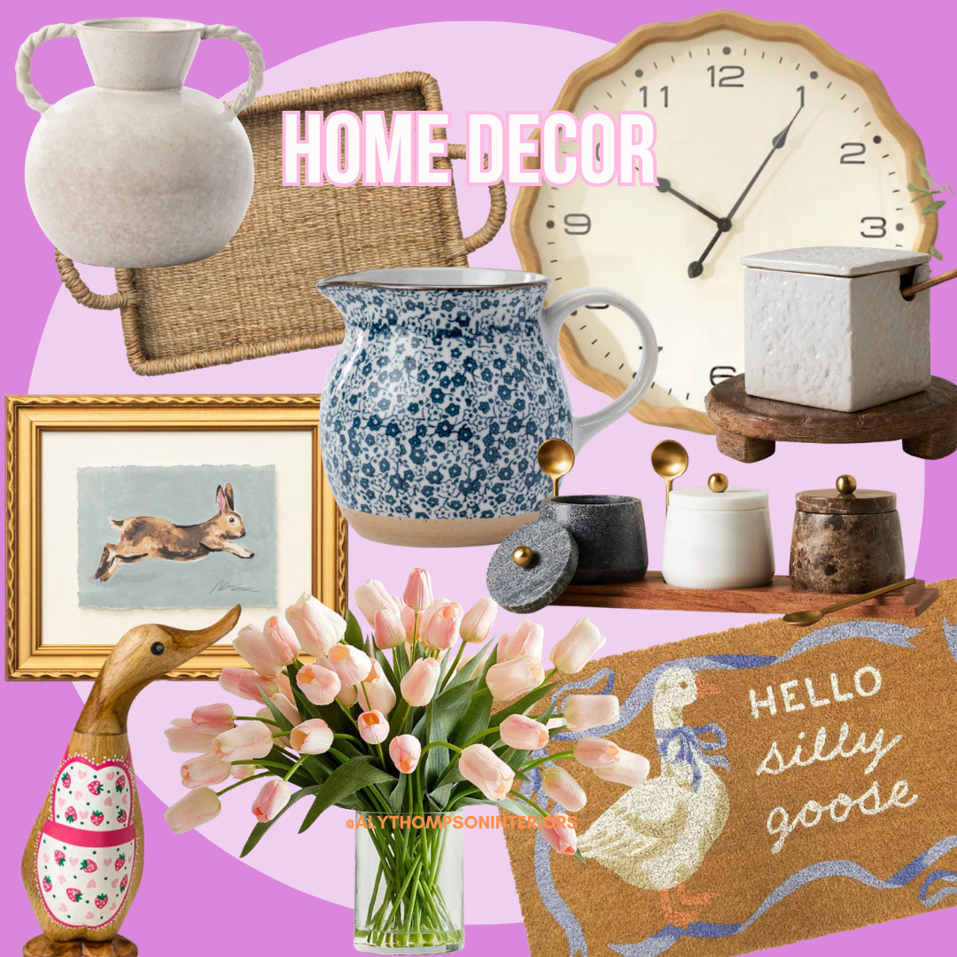 Home Decor | Wall Clock | Table Lamp | Bunny Framed Art | Silly Goose Doormat | Wooden Duck | Blue and White Vase | Tulips | Faux Stems | wicker tray 

 #LTKSeasonal #LTKHome #LTKSaleAlert