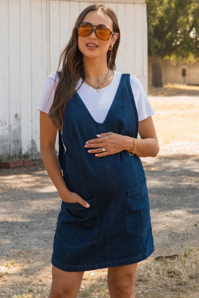 Charcoal Denim Front Pocket Maternity Skirt Overalls | PinkBlush Maternity