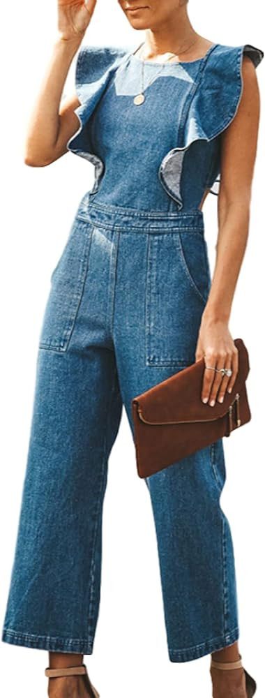 Women's Ruffled Denim Jumpsuit Fashion Sexy Trend Streetwear Stitching Tether | Amazon (US)