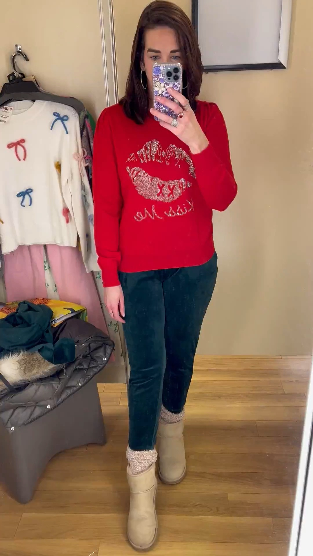 Kiss me embellished red sweater (small). Green velour pants (small). Uggs mini (9). #sweater #sweaters #redsweater #pants #velvetpants #velourpants #greenpants #uggs #uggsmini Valentine’s Day Outfit 

#LTKSeasonal #LTKFindsUnder100 #LTKStyleTip