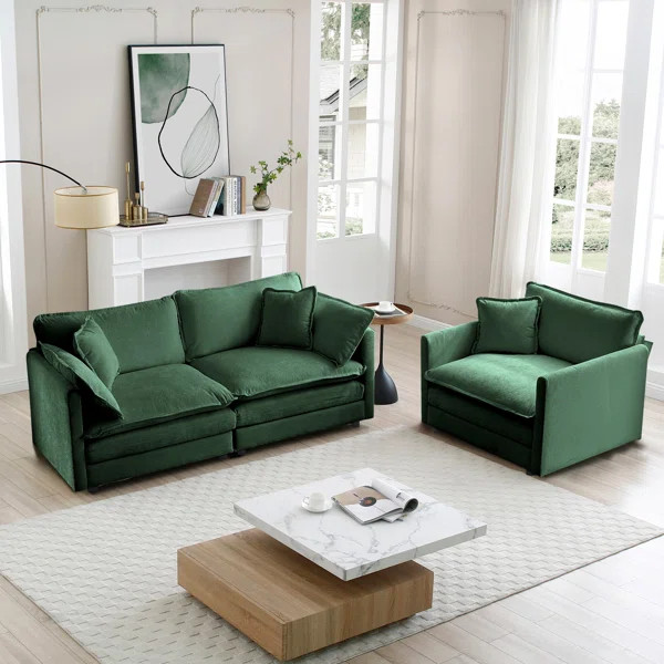 Modern Upholstered Chenille Cloud Couches Set， Loveseat Couch & Sofa Armchair Set | Wayfair North America