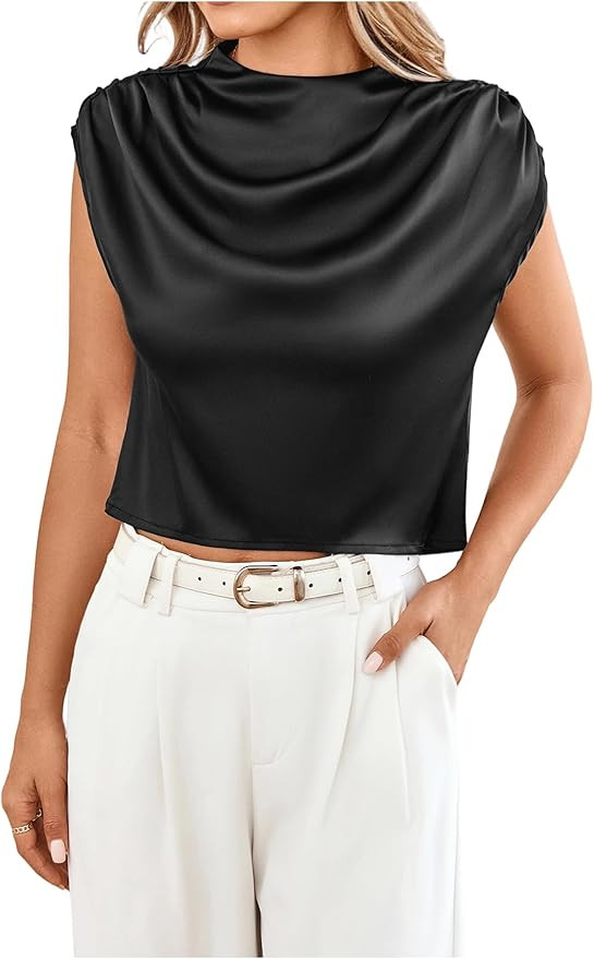 OYOANGLE Women's Mock Neck Elegant Top Satin Blouse Ruched Cap Sleeve Silk Tops Dressy Business C... | Amazon (US)